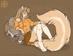  &lt;3 2015 anthro beverage book breasts brown_hair clothed clothing coffee cup digital_media_(artwork) female food hair heterochromia iggi legwear lying mammal on_back patreon pillow reclining skirt skunk socks solo thigh_socks 