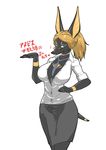 anthro anubian_jackal big_breasts blonde_hair blue_eyes breasts canine cleavage clothed clothing eyewear female glasses hair hand_on_hip huge_breasts jackal japanese japanese_text kazuhiro kemono looking_at_viewer mammal necktie shirt shirt_unbuttoned simple_background skimpy skirt smile solo teacher text wide_hips 
