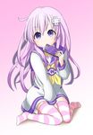  absurdres blush covered_mouth d-pad d-pad_hair_ornament gloves hair_ornament highres holster long_hair nepgear neptune_(series) purple_eyes purple_hair sitting source_request wariza 