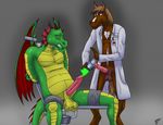  2010 anthro balls bound brown_fur clenched_teeth doctor dragon equine erection eyes_closed fur glowing green_scales grey_background horse insertion krazyhorse male male/male mammal nude penetration penis rangarig_(character) rangarig_rex red_scales scales simple_background sitting sounding tears teeth urethral urethral_insertion urethral_penetration vein wings yellow_scales 