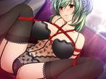  1girl arms_behind_back bare_shoulders bdsm black_legwear black_thighhighs blush bondage bound bra braid breasts brown_eyes chikan_senyou_sharyou chikan_senyou_sharyou_2 closed_mouth collarbone female frilled_legwear frilled_thighhighs game_cg green_hair huge_breasts koizumi_amane midriff panties public_vibrator rope_bondage see-through shibari short_hair sitting solo sudou_ayame thighhighs underwear vibrator vibrator_under_panties 