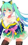  blush breasts cleavage darcy green_eyes green_hair hatsune_miku highres large_breasts long_hair nail_polish simple_background solo tattoo thighhighs twintails vocaloid white_background 
