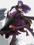  armor axe bad_id bad_pixiv_id black_armor breasts camilla_(fire_emblem_if) cangtian_no_xiwang cleavage dragon dragon_riding fire_emblem fire_emblem_if flying glowing glowing_eyes hair_over_one_eye highres large_breasts long_hair marzia_(fire_emblem_if) purple_hair revenant_knight solo weapon 