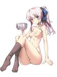  anus ass black_legwear blue_eyes bow breasts camcorder charlotte_(anime) error hair_bow highres kneehighs long_hair looking_at_viewer nipples nude pink_hair ponytail pussy redcomet revision sitting small_breasts solo tomori_nao wrong_feet 