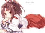  brown_eyes brown_hair covering_mouth headband japanese_clothes kantai_collection lying maruki_(punchiki) muneate on_stomach ponytail solo twitter_username white_background zuihou_(kantai_collection) 