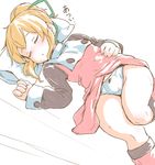  bad_id bad_pixiv_id blonde_hair blush bow bow_panties closed_eyes done_(donezumi) dress legs lying panties pillow rockman roll sleeping solo sweat thighs translated underwear white_panties 