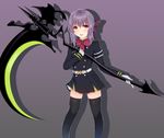  bad_id bad_pixiv_id black_legwear bow brown_eyes gloves gradient gradient_background hair_bow highres hiiragi_shinoa holding holding_weapon long_hair looking_at_viewer open_mouth owari_no_seraph puririn purple_background purple_hair ribbon scythe simple_background skirt smile solo thighhighs uniform weapon zettai_ryouiki 