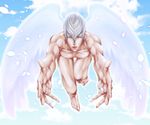  angel_wings blue_sky cloud day foreshortening ishida_mitsunari_(sengoku_musou) male_focus mayu_(mt_x_my) muscle nude petals reaching_out sengoku_basara sky solo white_hair wings 