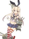  black_ribbon blonde_hair elbow_gloves gloves hair_ribbon kantai_collection long_hair miniskirt navel orion_(orionproject) pleated_skirt rensouhou-chan ribbon sailor_collar shimakaze_(kantai_collection) simple_background skirt solo striped striped_legwear thighhighs thong white_background white_gloves 