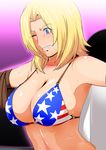  1boy 1girl american_flag_bikini armpits bare_shoulders bikini bikini_top blonde_hair blue_eyes blush boxing_ring breasts cleavage clenched_teeth dead_or_alive female flag_print gureko_rouman highres large_breasts looking_away shiny shiny_skin short_hair simple_background solo standing sweat swimsuit teeth tina_armstrong upper_body wince 