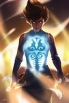  avatar:_the_last_airbender backlighting brown_hair charles_tan dark_skin elbow_gloves fingerless_gloves gloves glowing glowing_eyes gradient gradient_background korra legend_of_korra looking_at_viewer markings pelt raava sleeveless smile solo the_legend_of_korra wind 