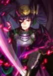  androgynous armor bangs blunt_bangs breastplate claws closed_mouth crack flower headpiece heterochromia japanese_armor japanese_clothes leaf long_hair looking_at_viewer lotus_(elico) petals pointy_ears purple_eyes purple_hair puzzle_&amp;_dragons shoulder_armor sode solo twintails upper_body v-shaped_eyebrows yellow_eyes yomi_(p&amp;d) 