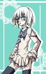  1boy blue_eyes crossdressing dies_irae eyepatch male male_focus simple_background solo striped_background tongue trap white_hair wolfgang_schreiber 