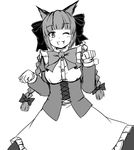  ;d animal_ears bow braid cat_ears dirndl dress fang ganmaganmo german_clothes greyscale hair_bow kaenbyou_rin looking_at_viewer monochrome one_eye_closed open_mouth paw_pose slit_pupils smile solo touhou twin_braids underbust 