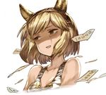  :d alternate_costume animal_print bad_id bad_twitter_id bare_shoulders benitama blonde_hair breasts cleavage collarbone djeeta_(granblue_fantasy) fake_horns granblue_fantasy hairband horns medium_breasts money no_nose ogre_(granblue_fantasy) open_mouth short_hair simple_background smile solo upper_body white_background yellow_eyes zebra_print 