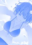  :p bikini blue blurry breasts cleavage commentary_request depth_of_field foreshortening from_below front-tie_top getsuyoubi_no_tawawa girl_on_top hanging_breasts himura_kiseki large_breasts looking_at_viewer messy_hair monochrome naughty_face navel outdoors short_hair sky solo swimsuit tongue tongue_out v-shaped_eyebrows water_drop 