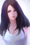  black_hair breasts brown_eyes eyebrows eyelashes final_fantasy final_fantasy_vii highres large_breasts lips long_hair looking_at_viewer nguyen_uy_vu nose parted_lips realistic signature solo suspenders tifa_lockhart upper_body 