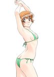  armpits arms_up ass bikini breasts brown_eyes brown_hair butt_crack cowboy_shot eyebrows_visible_through_hair hoshino_asuka light_smile looking_at_viewer polorinken sentimental_graffiti short_hair side-tie_bikini simple_background small_breasts smile solo swimsuit white_background 