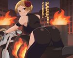  1girl ass bare_shoulders black_gloves breasts brown_eyes cameltoe city demon_horns female fingerless_gloves fire fukuda_noriko gloves horns huge_ass idolmaster idolmaster_million_live! large_breasts motorcycle nash_(na-si) orange_hair short_hair simple_background smile solo translation_request 