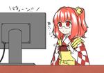  bell blush_stickers controller dress ganmaganmo glasses hair_bell hair_ornament jingle_bell meta monitor motoori_kosuzu playing_games red_eyes red_hair solo touhou touhou_(game) translated two_side_up wavy_mouth 