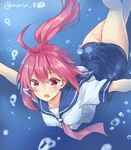  :o ahoge bubble hair_ribbon i-168_(kantai_collection) kantai_collection maruki_(punchiki) one-piece_swimsuit ponytail red_eyes red_hair ribbon sailor_collar school_swimsuit solo swimsuit swimsuit_under_clothes twitter_username underwater 