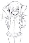  blush frills glasses greyscale haruyuki_(yukichasoba) kantai_collection long_hair mochizuki_(kantai_collection) monochrome pullover semi-rimless_eyewear skirt solo sweatdrop translation_request under-rim_eyewear 