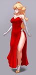  1girl blonde_hair breasts cleavage curvy dress earrings elbow_gloves gloves grey_background high_heels jewelry nintendo plain_background princess_peach razalor red_dress side_slit simple_background solo super_mario_bros. 