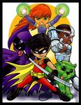  3boys arm_cannon beast_boy beast_boy_(dc) belt black_hair border chibi cloak cyborg cyborg_(dc) dark_skin dc_comics dick_grayson dog domino_mask garfield_logan glowing glowing_eyes green_eyes mask multiple_boys multiple_girls raven_(dc) red_hair robin_(dc) simple_background smile staff starfire teen_titans tim_drake weapon 