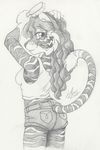  2011 anthro belt breasts brush butt clothing feline female fur gloves_(marking) greyscale hair long_hair looking_at_viewer looking_back mammal markings michele_light monochrome rear_view shirt shorts simple_background smile solo standing stripes tank_top tiger 