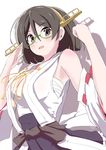  black_eyes black_hair detached_sleeves glasses green-framed_eyewear hairband japanese_clothes kantai_collection kirishima_(kantai_collection) nontraditional_miko panikuru_yuuto short_hair solo 