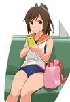  bare_shoulders blush brown_eyes brown_hair cellphone i-401_(kantai_collection) kantai_collection long_hair looking_at_viewer one-piece_swimsuit phone ponytail sailor_collar school_swimsuit short_ponytail sitting solo swimsuit swimsuit_under_clothes tan youkan 