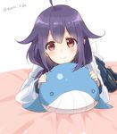  ahoge black_legwear blush highres kantai_collection long_sleeves looking_at_viewer lying maruki_(punchiki) on_bed on_stomach purple_hair red_eyes smile solo stuffed_animal stuffed_toy taigei_(kantai_collection) twitter_username whale white_background 