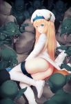  absurdres aqua_eyes arm_grab ass bangs blonde_hair blush boots cave eyebrows goblin goblin_slayer! hat highres imminent_rape long_hair long_sleeves lying monster multiple_boys nestea on_side priestess_(goblin_slayer!) pussy_juice thigh_boots thighhighs torn_clothes white_boots 