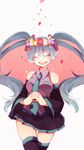  ^_^ aqua_hair closed_eyes detached_sleeves flower hands_clasped hatsune_miku head_wreath highres long_hair necktie open_mouth own_hands_together petals pleated_skirt ponita rose skirt smile solo sparkle thighhighs twintails vocaloid 