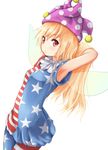  american_flag_dress american_flag_legwear armpits baram blonde_hair clownpiece dress fairy_wings hand_in_hair hat highres jester_cap long_hair looking_at_viewer pantyhose print_dress red_eyes short_dress solo striped striped_dress striped_legwear touhou very_long_hair wings 