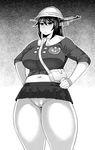  bag belly breasts cameltoe greyscale hands_on_hips hat highres huge_breasts kantai_collection kindergarten_bag kindergarten_uniform long_hair monochrome nagato_(kantai_collection) name_tag navel panties plump school_hat serious skirt solo synecdoche thick_thighs thighs undersized_clothes underwear uniform 