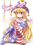  american_flag_dress american_flag_legwear blonde_hair blush character_name clownpiece dress hat highres indo_(mdtanaka2007) jester_cap knees_together_feet_apart long_hair looking_at_viewer pantyhose pink_eyes print_dress revision sitting solo star striped striped_dress striped_legwear touhou v_arms very_long_hair 