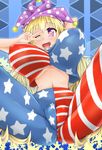  american_flag_dress american_flag_legwear blonde_hair breasts cameltoe clownpiece fat_mons hat huge_breasts hydrant_(kasozama) jester_cap long_hair one_eye_closed pantyhose polka_dot solo spread_legs striped striped_legwear touhou v 