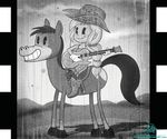  2015 applejack_(eg) black_and_white clothing duo equestria_girls equine female film freckles gloves guitar horse mammal monochrome musical_instrument my_little_pony ponytail retro saddle sitting smile solo the-butcher-x 