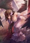  albedo bare_hips bare_shoulders black_hair breasts brown_eyes cleavage crow_aberdeen downblouse dress highres hip_vent horns large_breasts long_hair overlord_(maruyama) smile solo thighs wings 