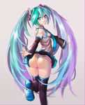  absurdres ass boots breasts deluxe&lt;&lt;&lt; detached_sleeves from_behind hatsune_miku highres long_hair looking_back necktie panties skirt small_breasts solo striped striped_panties thigh_boots thighhighs thong twintails underwear very_long_hair vocaloid 