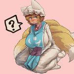  ? blonde_hair blush breasts chanta_(ayatakaoisii) dress fox_tail hat huge_breasts looking_at_viewer multiple_tails pink_background short_hair simple_background sitting socks solo spoken_question_mark tabard tail touhou wariza white_dress yakumo_ran yellow_eyes 