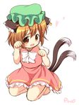  :3 :d animal_ears barefoot brown_eyes brown_hair cat_ears cat_tail chen fang full_body green_hat hat heart jewelry kneeling mob_cap multiple_tails nekomata open_mouth paw_pose pila-pela short_hair short_sleeves simple_background single_earring smile solo tail touhou two_tails white_background 