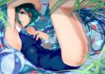  aqua_eyes ball beachball green_hair hatsune_miku long_hair looking_at_viewer lying necktie on_side one-piece_swimsuit partially_submerged petals saisarisu school_swimsuit smile solo swimsuit vocaloid water 