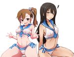  :d bikini black_hair breasts brown_eyes brown_hair cameltoe double_w futami_mami green_eyes idolmaster idolmaster_(classic) idolmaster_cinderella_girls long_hair looking_at_viewer medium_breasts multiple_girls navel open_mouth parted_lips sailor_bikini sailor_collar sailor_swimsuit_(idolmaster) seiza shibuya_rin shift_(waage) side_ponytail simple_background sitting small_breasts smile swimsuit w white_background 