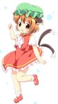  :o animal_ears brown_eyes brown_hair cat_ears cat_tail chen dress full_body hat jewelry mary_janes mob_cap multiple_tails nekomata pila-pela red_dress shoes short_hair short_sleeves simple_background single_earring solo tail touhou two_tails 