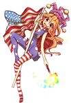  american_flag american_flag_dress american_flag_legwear blonde_hair clownpiece fang flag full_body hat jester_cap kuresento long_hair looking_at_viewer md5_mismatch open_mouth pantyhose print_legwear red_eyes simple_background sleeveless smile solo star striped striped_legwear touhou white_background 