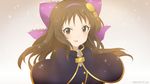  bow brown_eyes brown_hair capelet hair_bow idolmaster idolmaster_cinderella_girls long_hair mizuki_makoto official_style open_mouth project_krone solo tachibana_arisu 