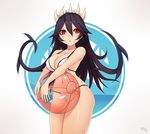  ball beachball bikini black_hair blush breast_rest breasts cleavage curvy fangs filia_(skullgirls) gradient gradient_background kuroonehalf long_hair looking_at_viewer navel parted_lips prehensile_hair red_eyes samson_(skullgirls) skullgirls solo standing stomach swimsuit thick_thighs wide_hips 