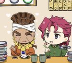  bad_id bad_pixiv_id brown_hair chibi chopsticks closed_eyes dark_skin dark_skinned_male eating facial_mark food gakuran heart jojo_no_kimyou_na_bouken kakyouin_noriaki makizushi male_focus mohammed_avdol multiple_boys neko_nami83 nigirizushi plate purple_eyes red_hair robe school_uniform sushi 